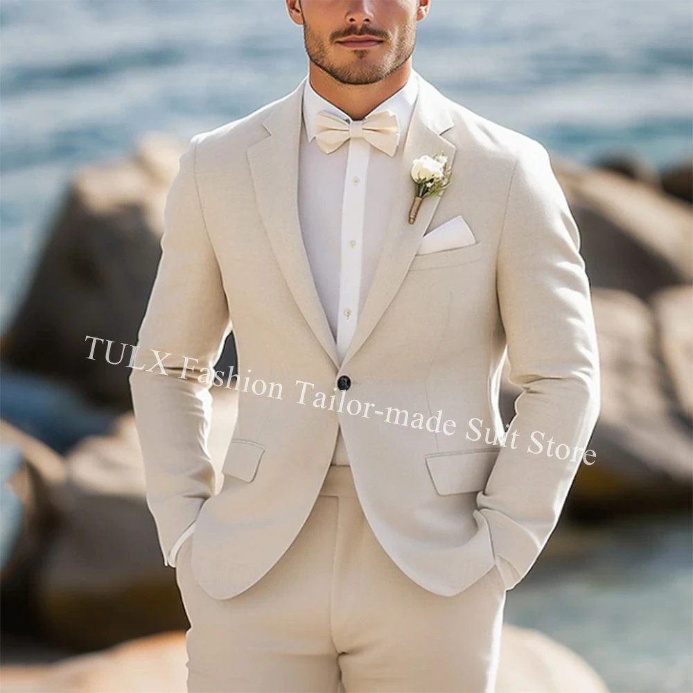 

Men's Beach Wedding Linen Suits Beige Fashion 2 Piece Single Breasted Suits Men Blazer Pants Linen Costume Homme Mariage