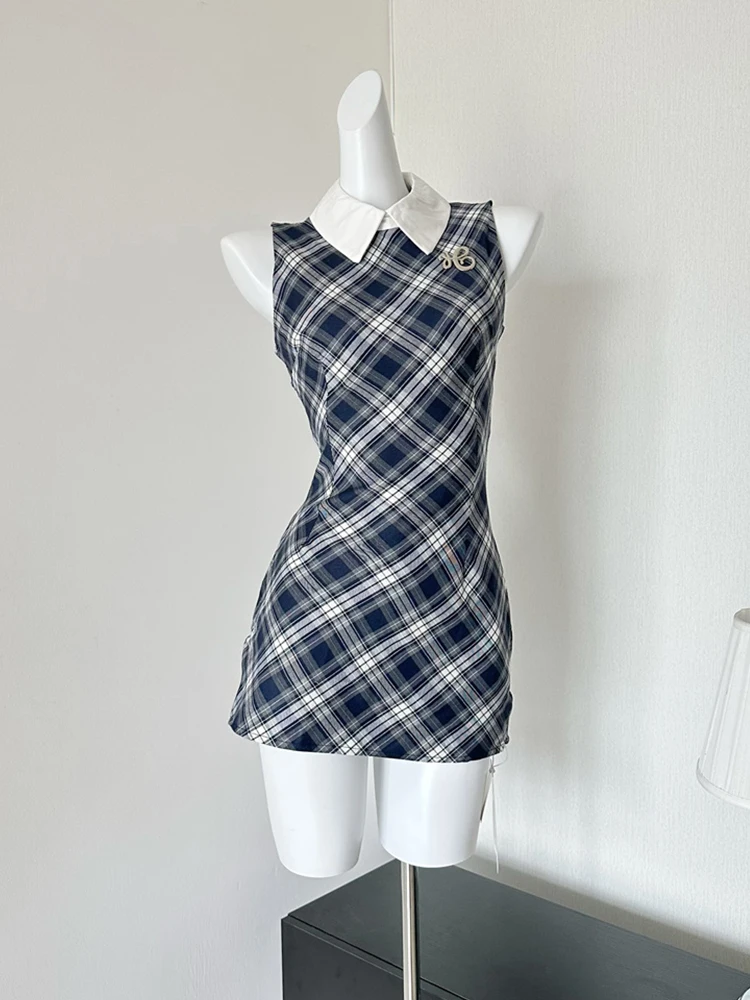 Summer Korean Vintage Mori Girl Mini Sleeveless Plaid Dress Women Party Polo Collar Frocks Preppy Coquette Gyaru 2000s Aesthetic