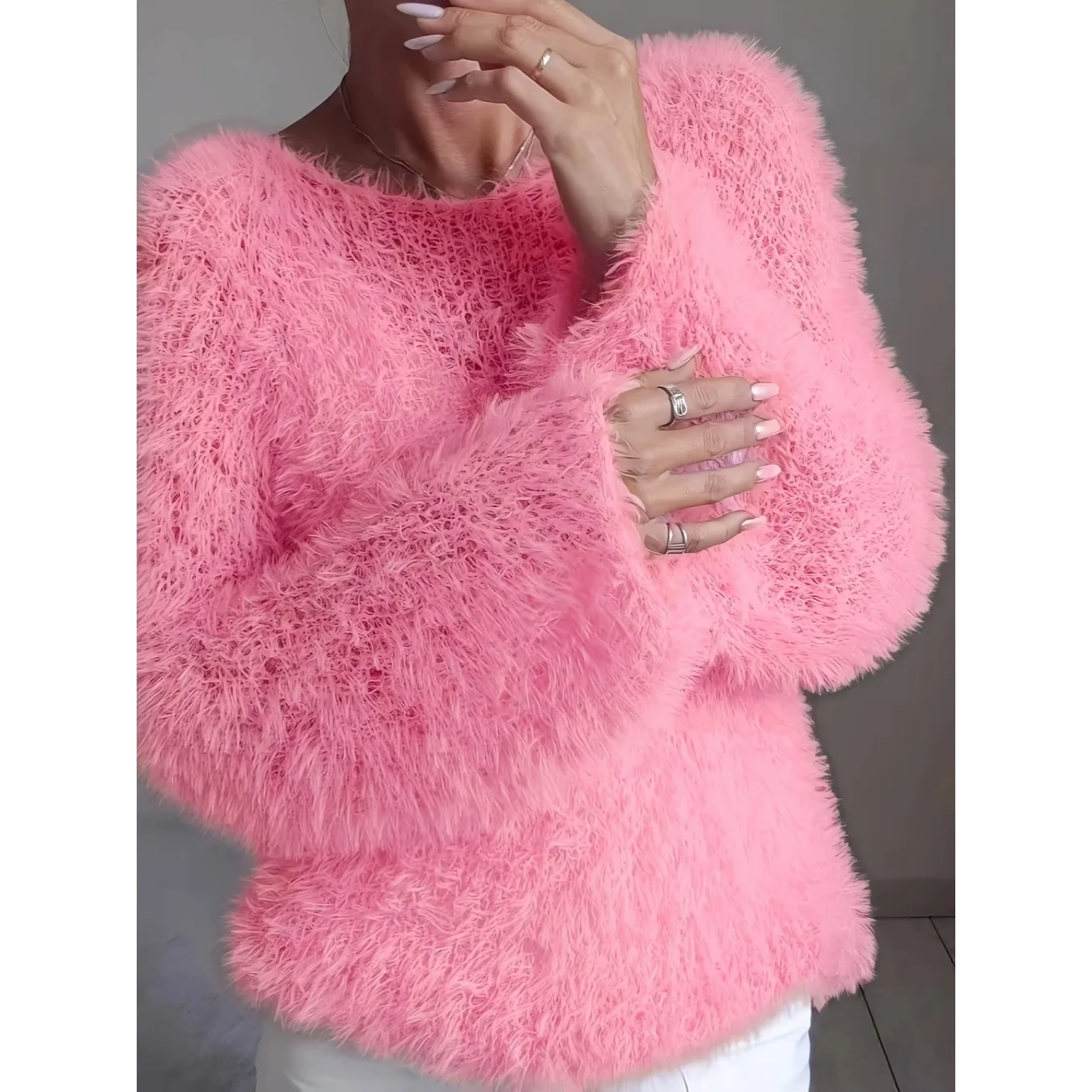 2026 Women's Macaron-colored Round-neck. Fluffy. Design Solid-color Long-sleeve Fuzz Top Wedding Dress Y2k、 Clothes Outfits