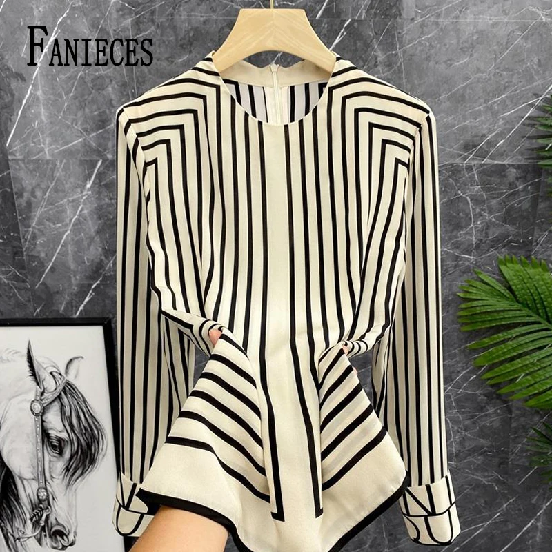 FANIECES Stripe Print Satin Women Blouse Pullover Tops Casual Streetwear Autumn Long Sleeve O Neck Female Shirt camisas y blusas