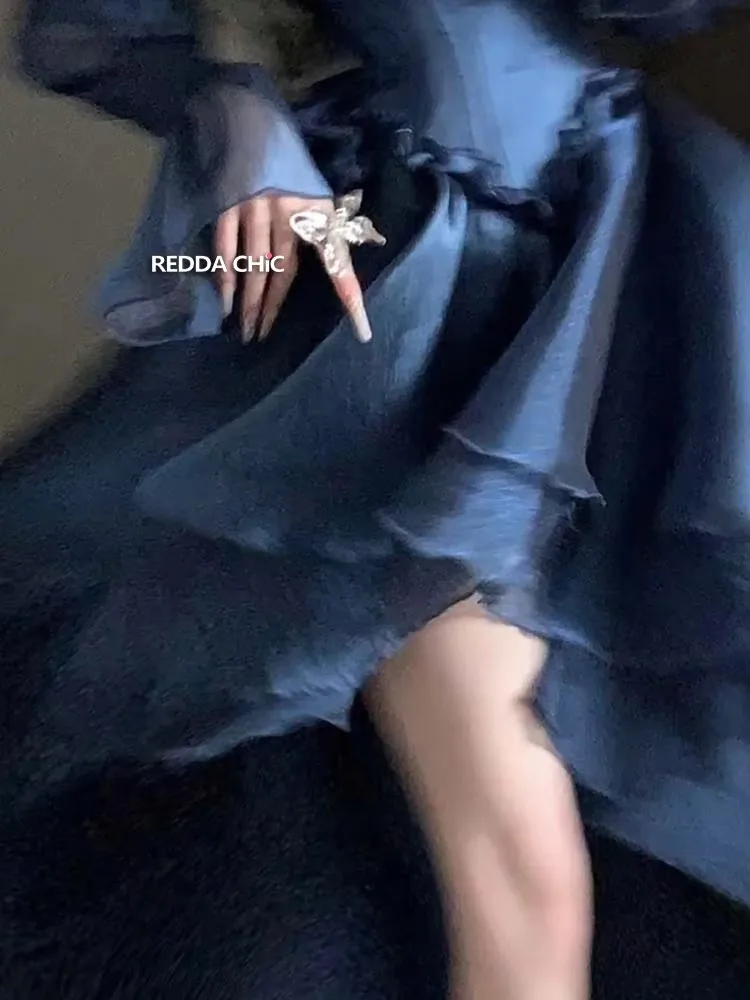 ReddaChic High-Low Trail Princess Dress Women Puff Long Sleeves Lace Up Jacquard Satin Ruffle Mini Dress Wedding Party Ball Gown