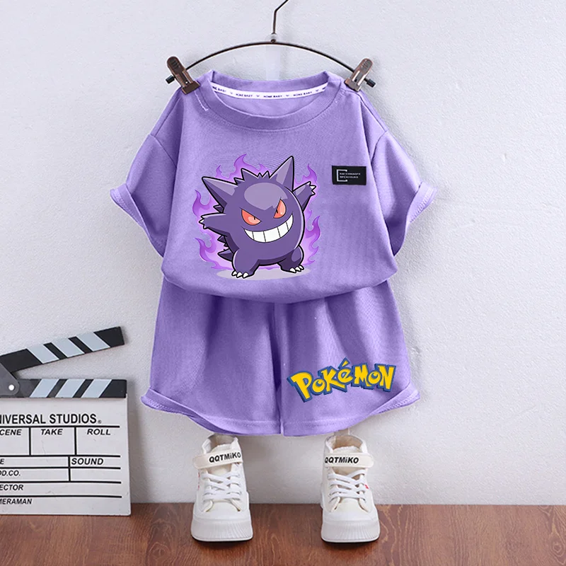 

2pcs Pokemons Short-sleeved Shorts Summer Thin Waffle Clothes Suit Cartoon Anime Gengar Charmander Print Clothing Birthday Gift