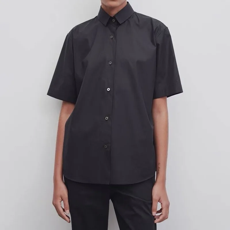 

Spring and Summer New Minimalist Pure Cotton Shirt Lapel Black Short-sleeved Loose Top