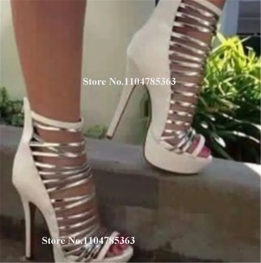 

Charming Thin Straps Cross Stiletto Heel Gladiator Sandals Peep Toe White Red Matte Leather Patchwork High Platform Thin Heels