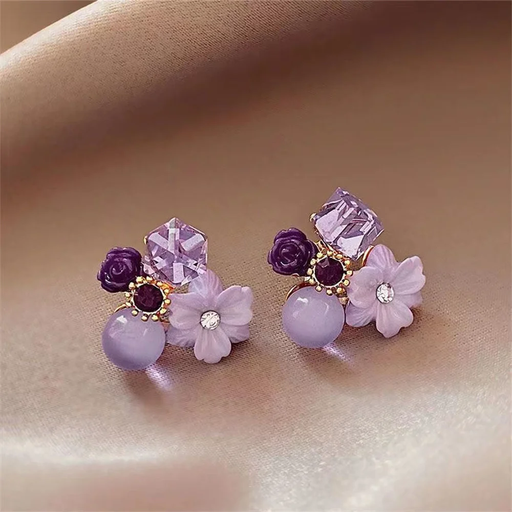 Exquisite Crystal Purple Flower Zircon Stud Earrings For Women Light Luxury Romantic Pearl Earrings Wedding Party Sweet Jewelry