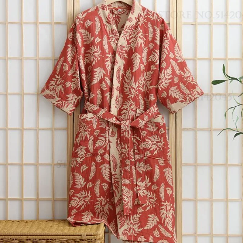 

Хлопковый халат для пары, кимоно, халат, пеньюар с короткими рукавами, домашнее платье, ночная рубашка с принтом листьев и карманом, свободная повседневная одежда для дома