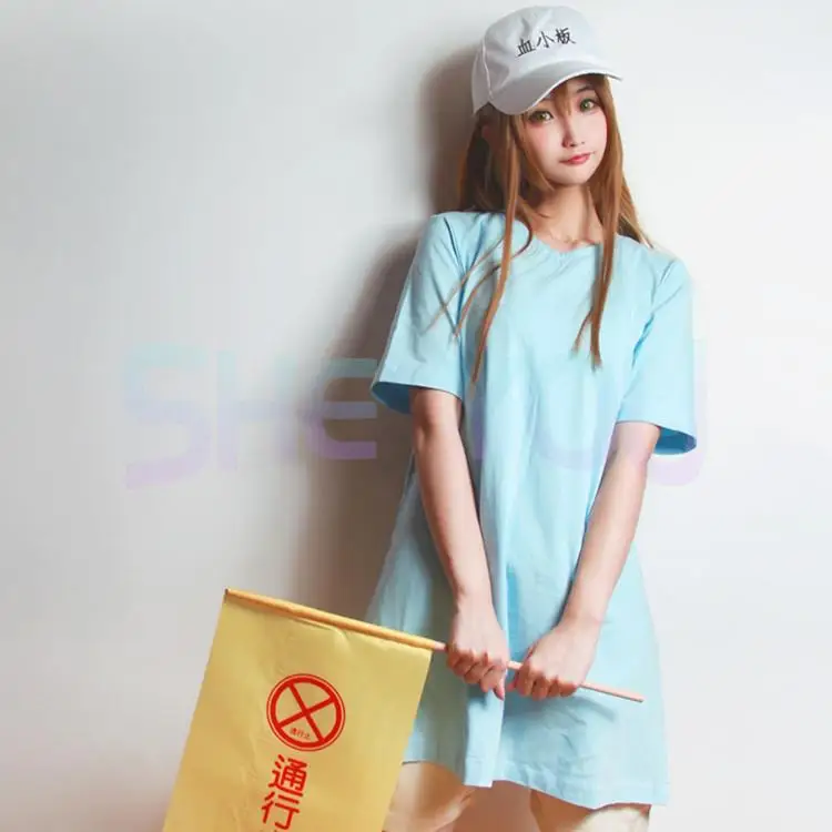 Cells at Work Cosplay Costume Platelet Cosplay Hataraku Saibou Girls Women Costume Anime Cosplay T-Shirt Shorts Hat Accessory