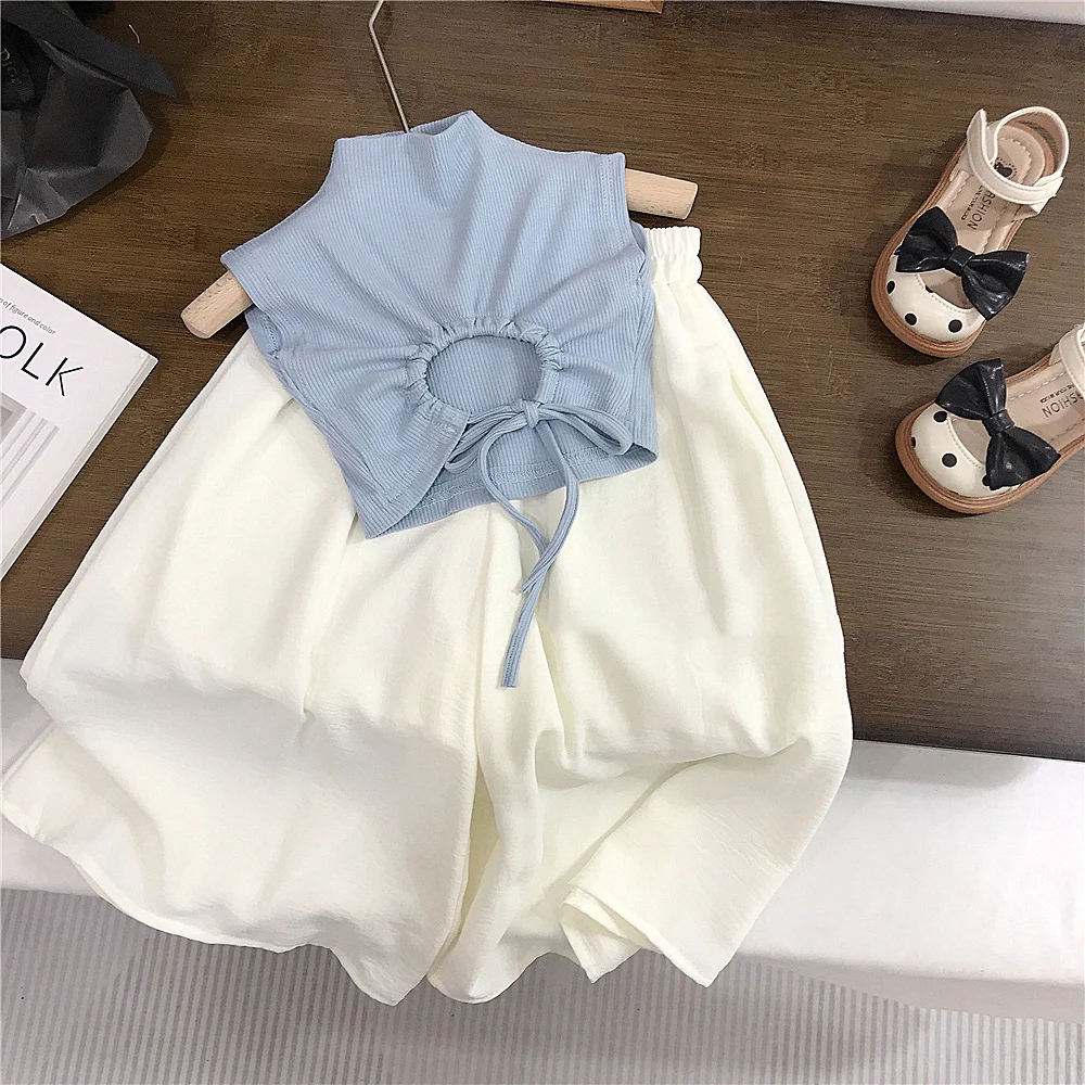 

2pcs Kids Summer Clothing Sets Turtleneck Sleeveless Back Hollow Out Blue Shirt+High Waist Beige Wide Leg Pants 2-8Y Girls Sets