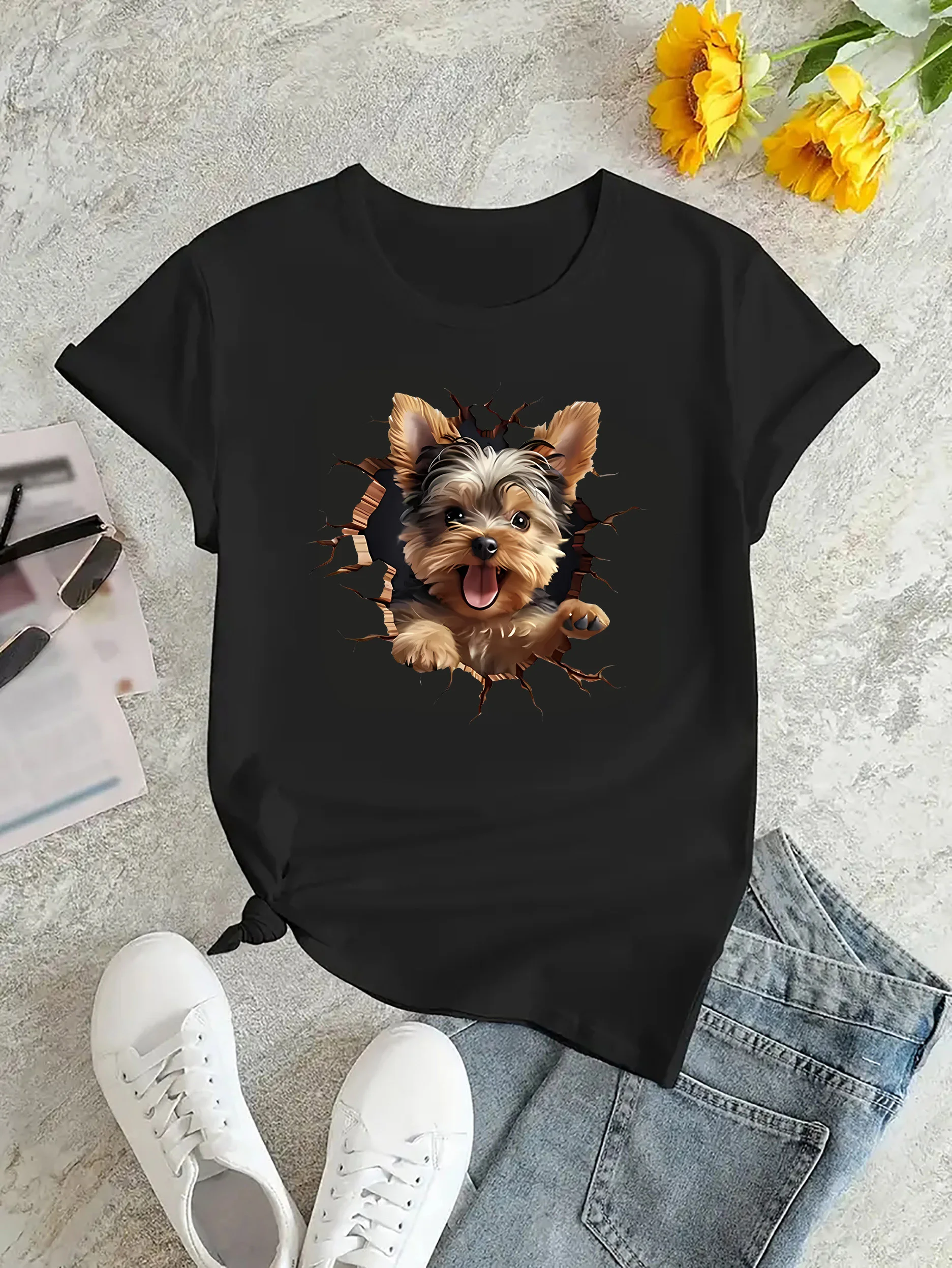 Cute Yorkie Dog Graphic Print T-Shirt for Women Casual Knit Polyester Spandex Tee Crew Neck Short Sleeve Top with Medium Stretch