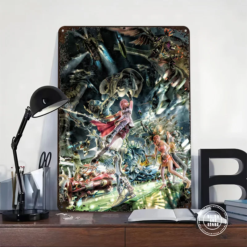 Fantasy XIII Lightning and Allies in Battle Personalized 3D Textured Metal Poster Wall Art Tinplate Sign for Decoration Room