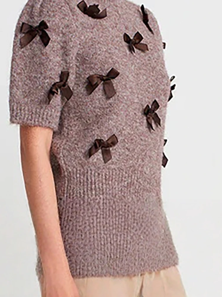 

Винтажный свитер с круглым вырезом и короткими рукавами, топ и юбка, комплект из двух предметов, повседневная облегающая одежда для поездок на работу, дизайн с бантом, модный женский костюм