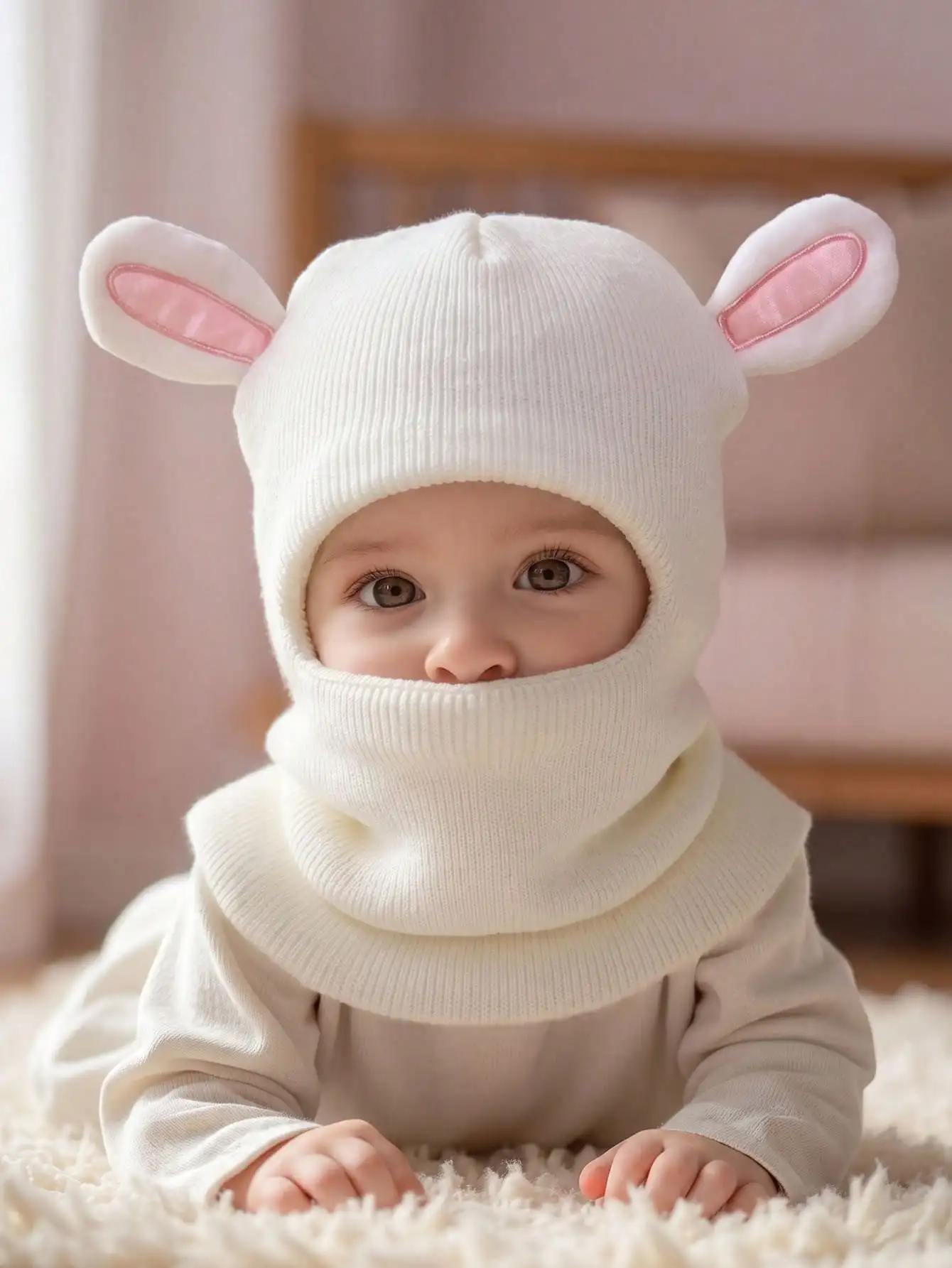1 Stück 6M-4Y Kleine Mädchen 3D-Kaninchen-Balaclava-Strickmütze, Niedliche Kaninchenohren Weiche Leichte Kinderkopfbedeckung für den Alltag – Detail 6
