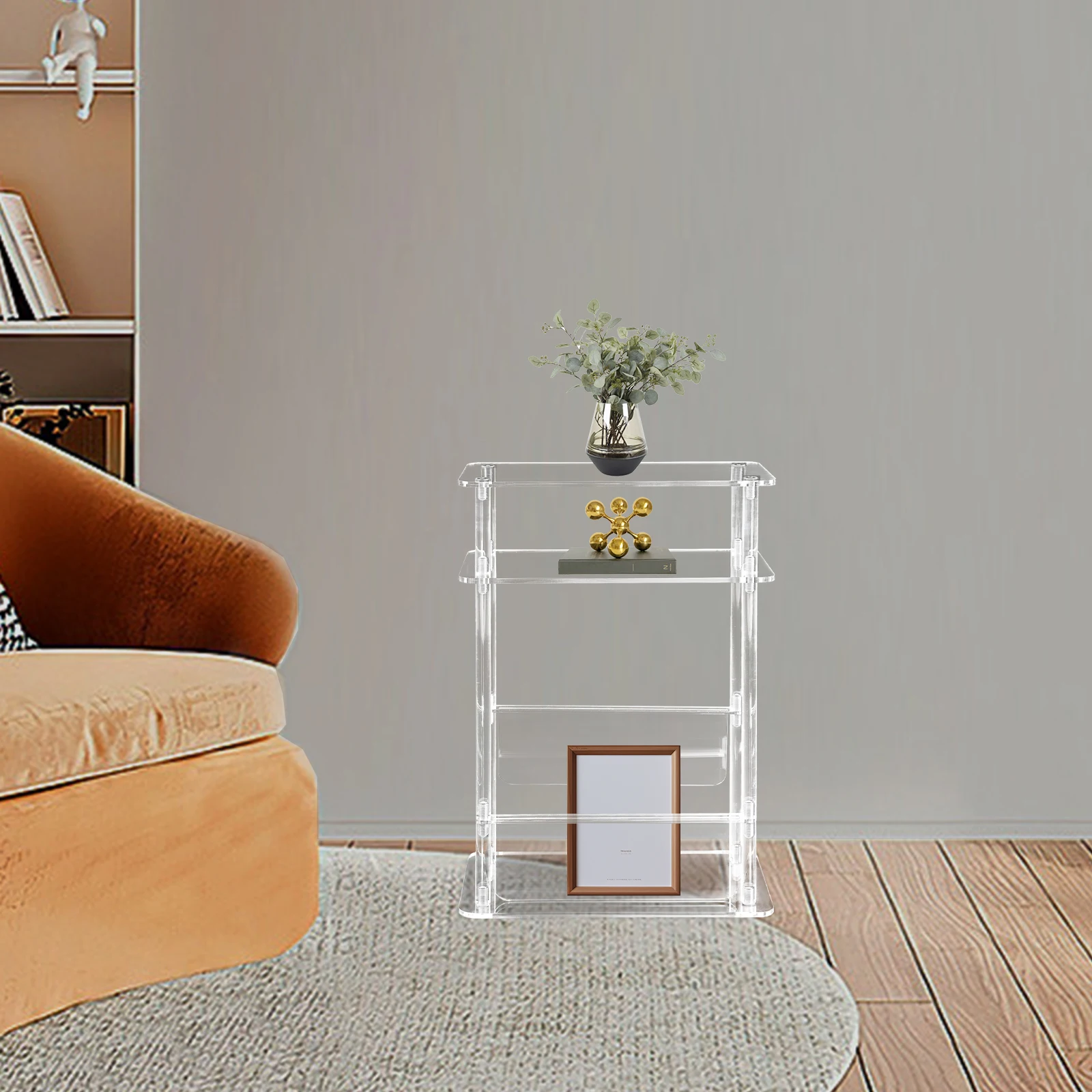 

3-Tier Open Design Acrylic Clear Side Table, Hollowed-Out Structure Slim Bedside Table with Magazine Holder