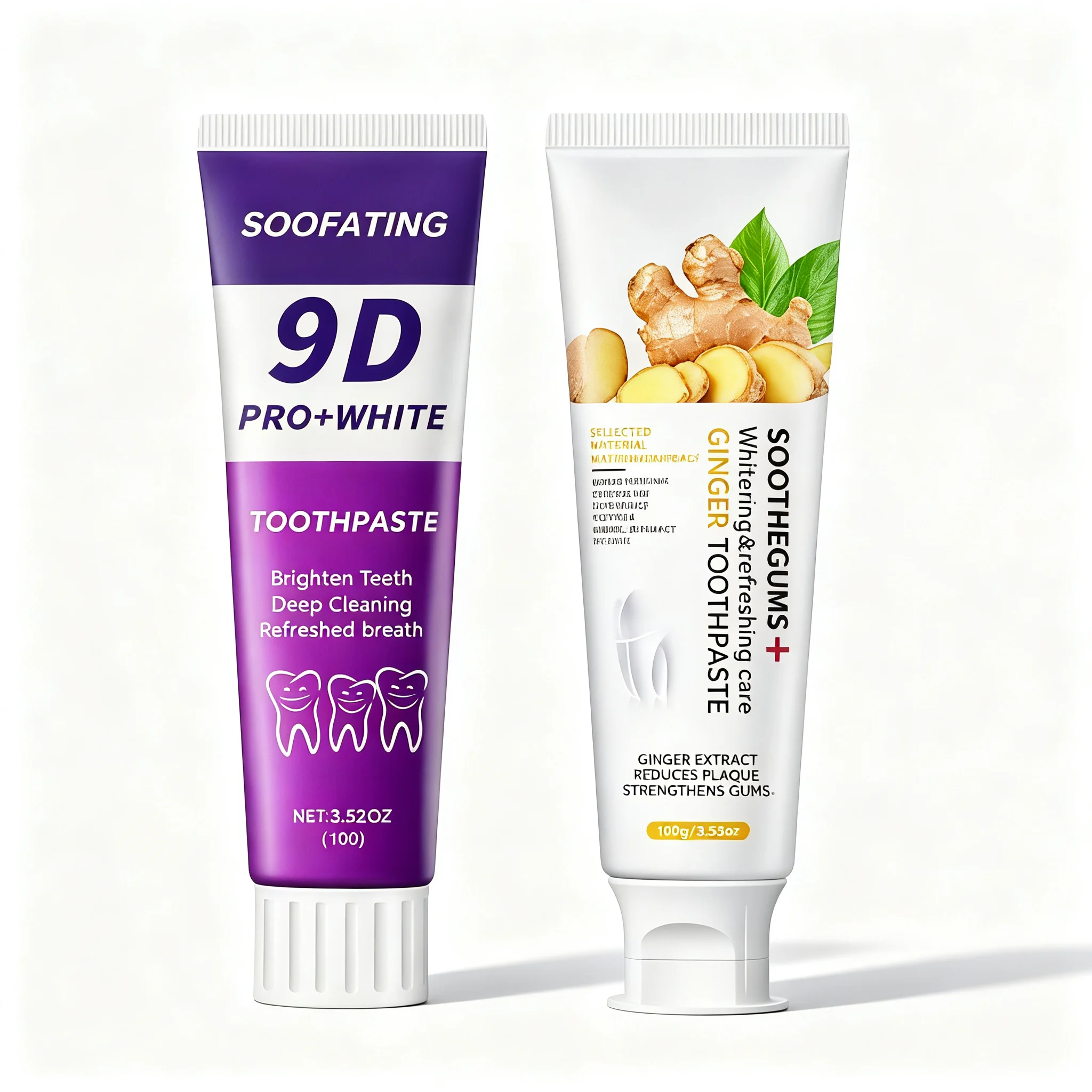 Natural Ginger Extract Toothpaste Set, SOOFATING 9D Pro+White & Soothegums+, Whitening, Deep Clean & Gum Support, 100g Each