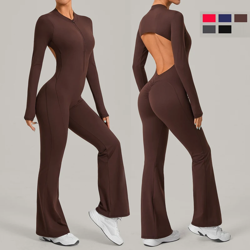 Women's Seamless Yoga Jumpsuits Sports Fitness Gym One-piece Long-sleeves Hip-Lifting Beauty Back Workout Training Bodysuits