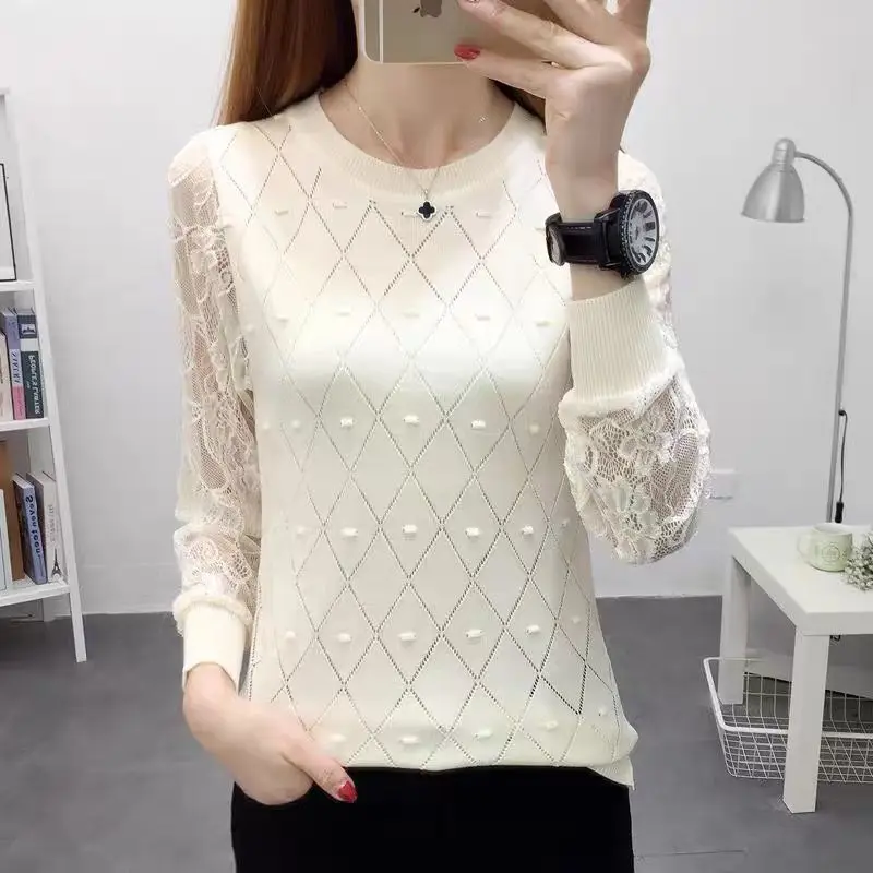 2024 Spring and Autumn New Arrivals Lace Hollow Out Loose Large Size Crew Neck Long Sleeve Solid Color Sweater Pullovers Tops