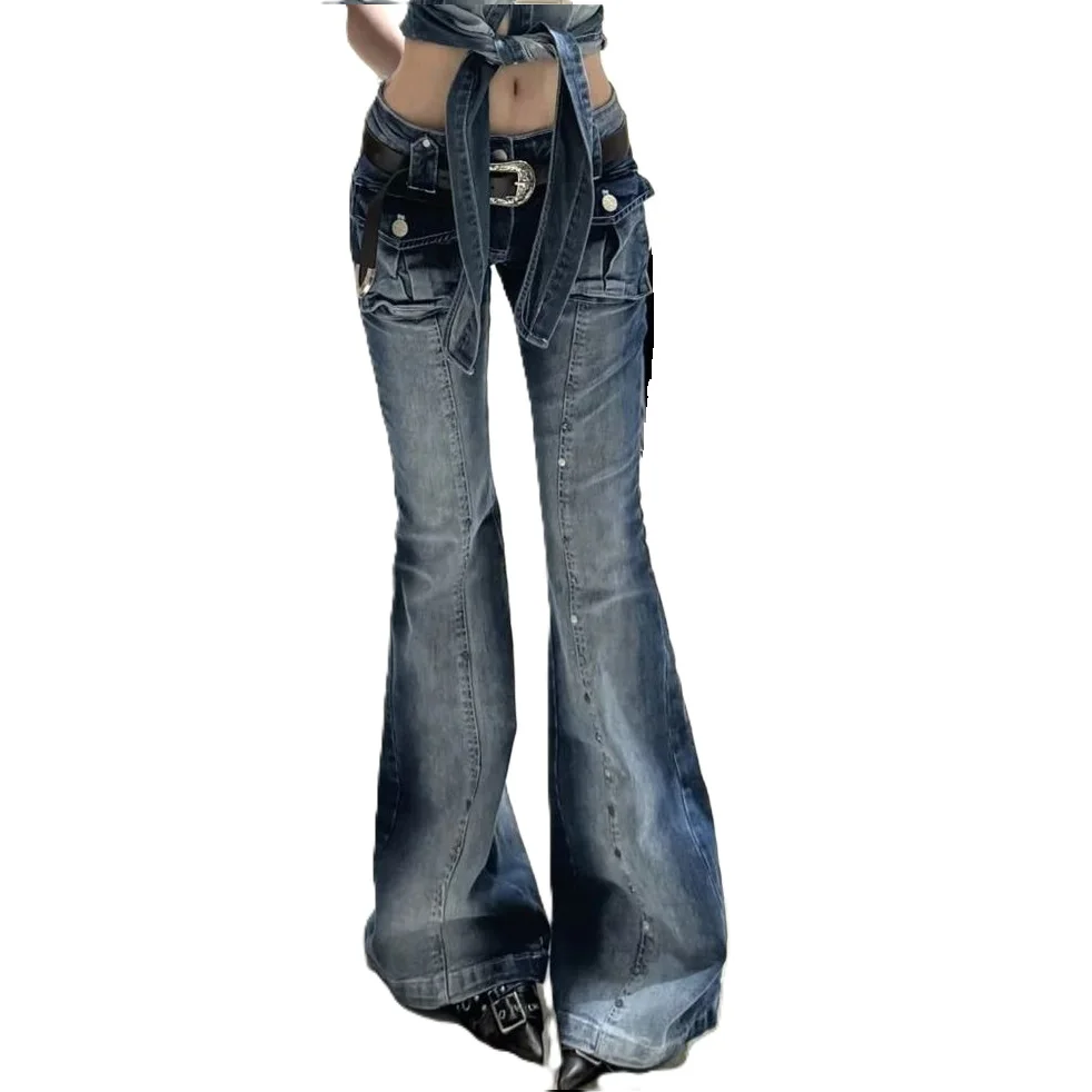 

CHIC American Retro Rivets Women Jeans Denim Slim Ladies Flare Pants Trendy Girls Long Trousers