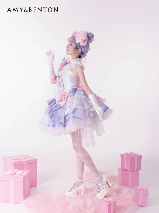 Sweet Temperament Lolita Elegant Fairy Style Skirt Sets Sleeveless Slim Top Patchwork Multi-layer Skirt Princess Evening Dress