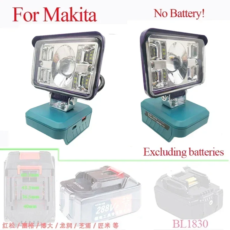 3 Inch Large Lens Car LED Work Lamp Light Torch Type C USB Power Bank For Makita For DeWalt For Bosch For Milwaukee 18V Battery