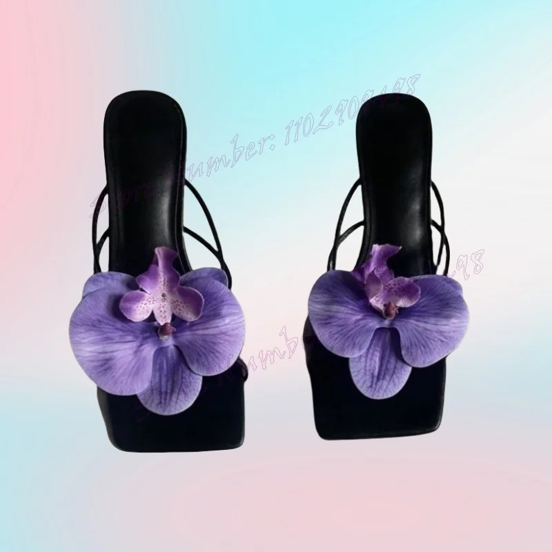 Black Square Toe Flower Decor Slippers Open Toe Shoes for Women Stilettos High Heels Sexy Lady Shoes 2024 Zapatos Para Mujere