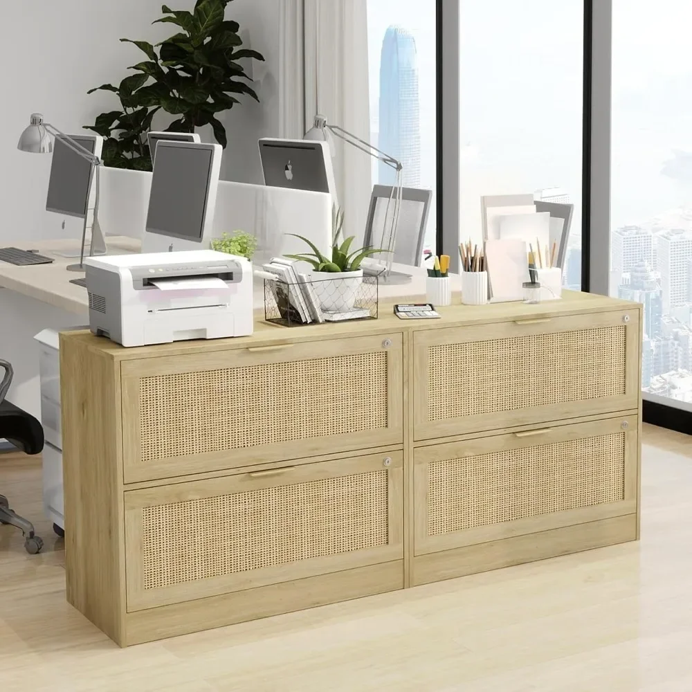 

Wood Rattan File Cabinet,Drawer File Cabinet with Lock, Printer Stand Lateral Filing Cabinets for Home Office and School