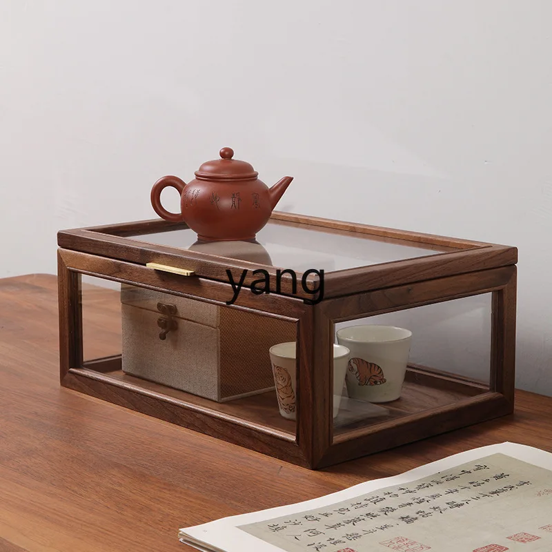 Lmm new Chinese black walnut storage box display box dust-proof glass cabinet tea set