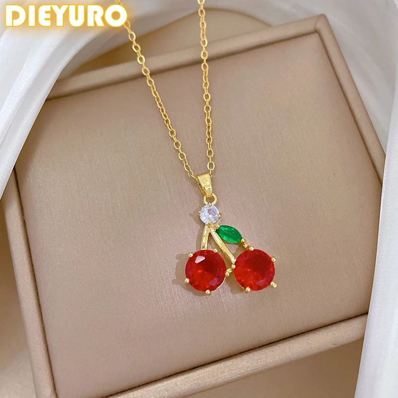 DIEYURO 316L Stainless Steel Red Zircon Fruit Cherry Pendant Necklace For Women New Trend Fashion Collarbone Chain Jewelry Gift