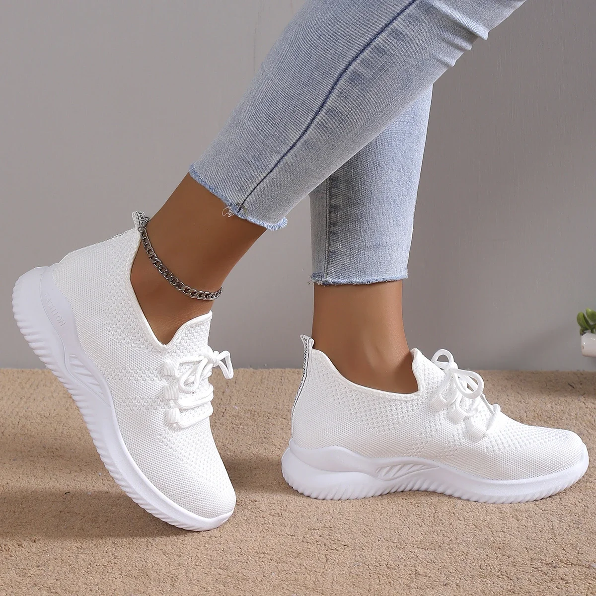 Women Sneakers Fashion Lace Up Mesh Breathable Outdoor Walking Small White Shoes Round Toe Non-slip Thick Sole Tennis Shoe Mujer