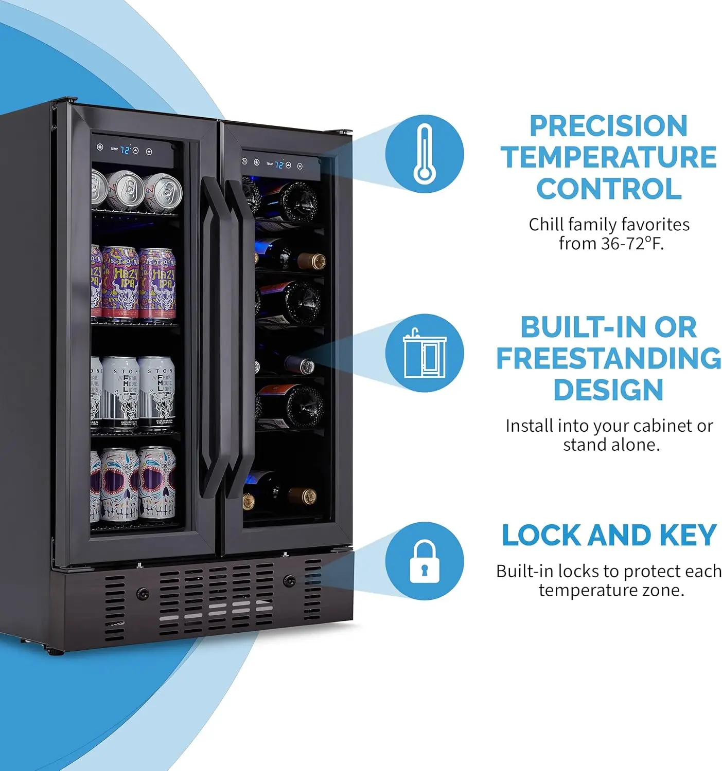 24” Wine and Beverage Refrigerator and Cooler, 18 Bottle and 60 Can Capacity, Built-in Dual Zone Fridge in Black Stainless Steel