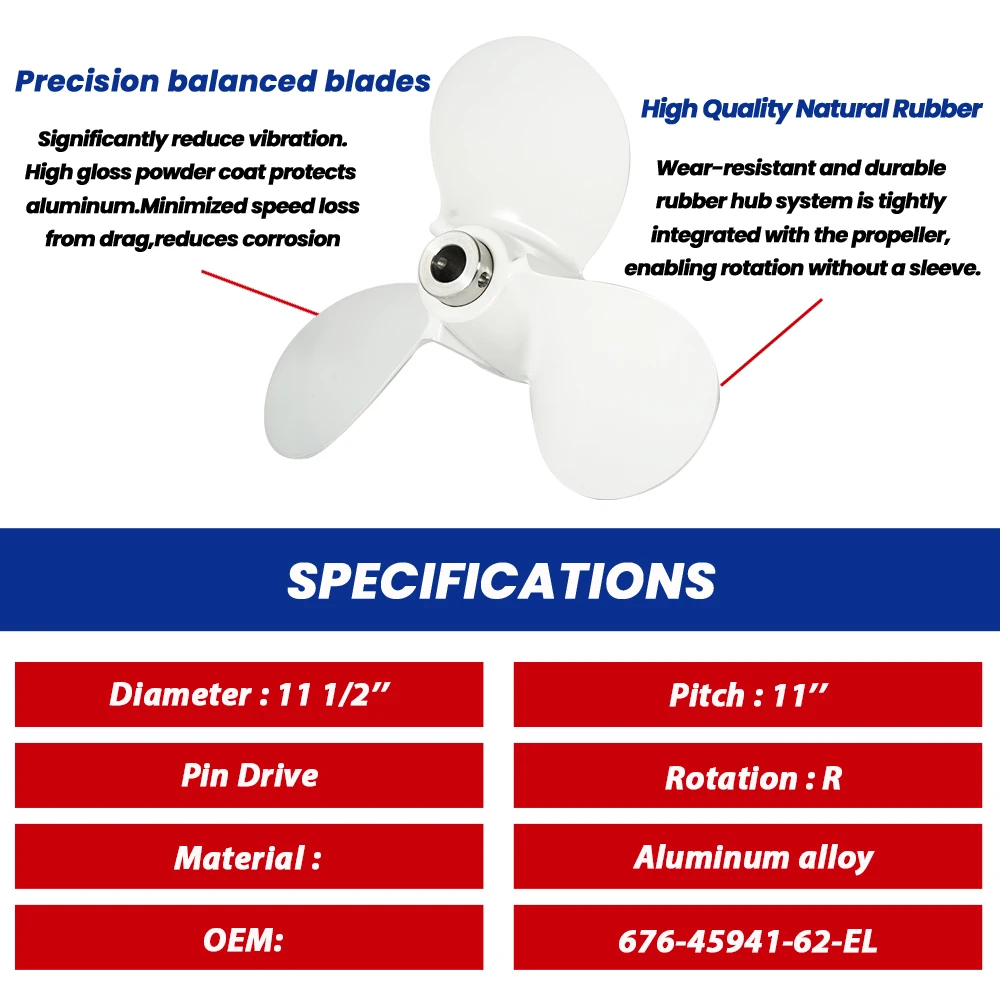 Outboard Propeller For Yamaha 40hp 11 1/2 *11 Boat Aluminum Alloy Screw 3 Blade Pin Drive Marine Engine Part 676-45941-62-EL