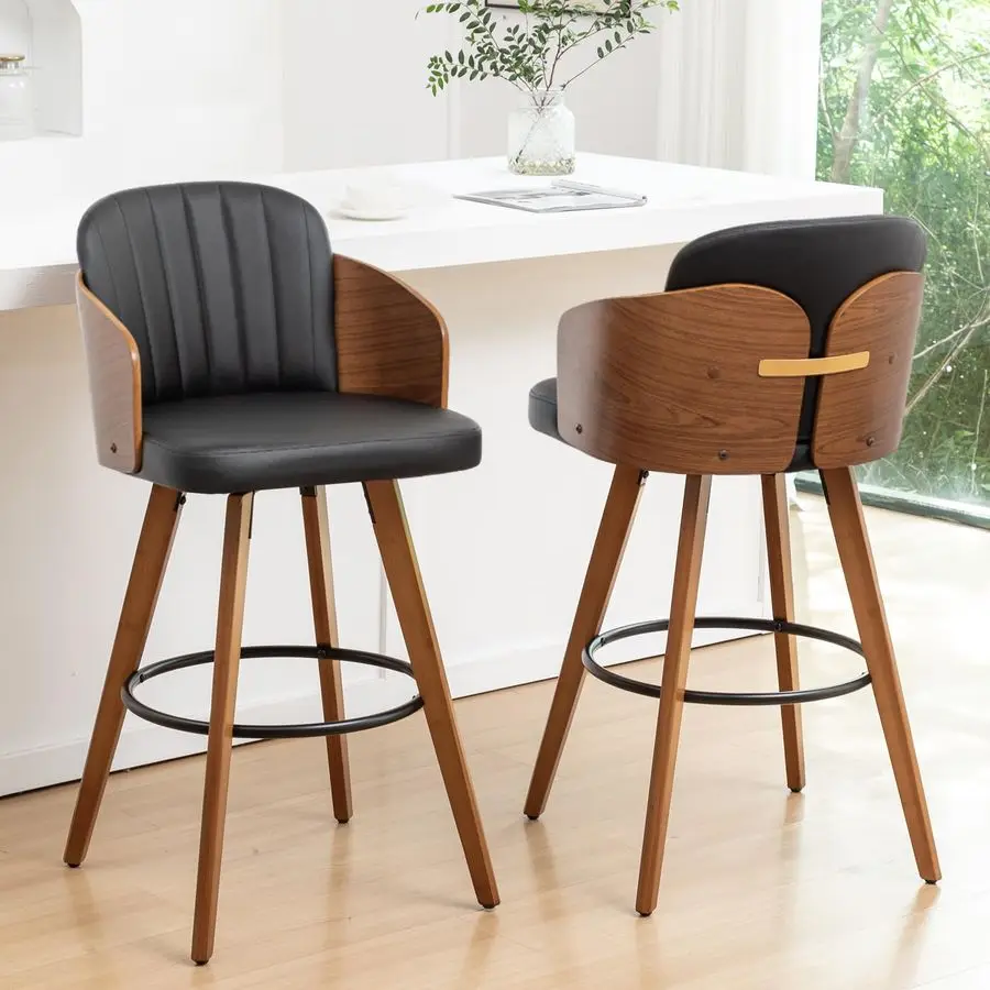 

из 2 поворотных барных стульев Барные стулья середины века 29,5 дюймов с поделками из гнутого ореха, изогнутой спинкой и подлокотниками, мягким сиденьем, ба