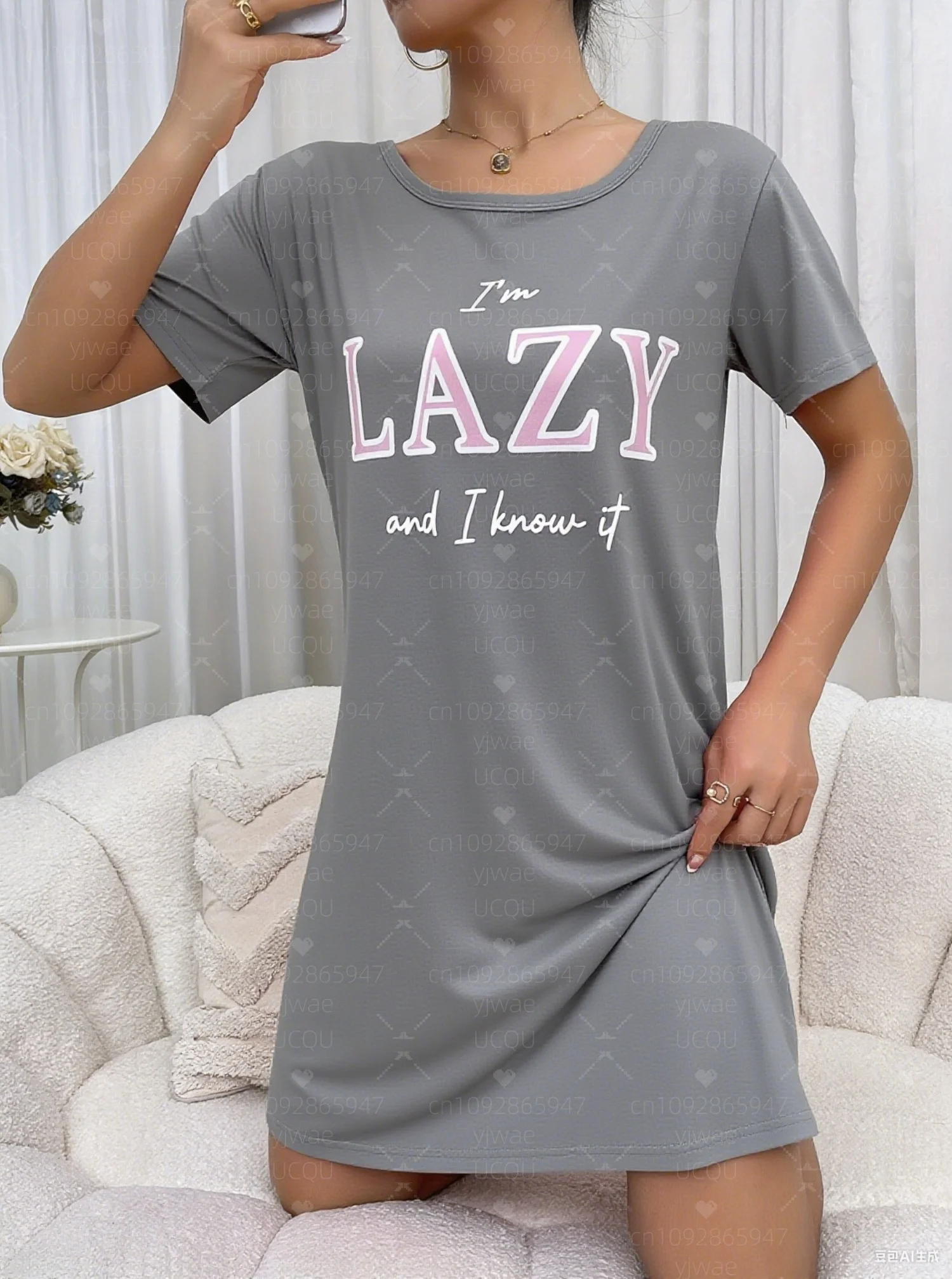 2025 Summer  Women T-Shirt Dress Loose Casual l'm lazy Printed O-Neck Lady Short Sleeve Pullover Dresses Women Clothing