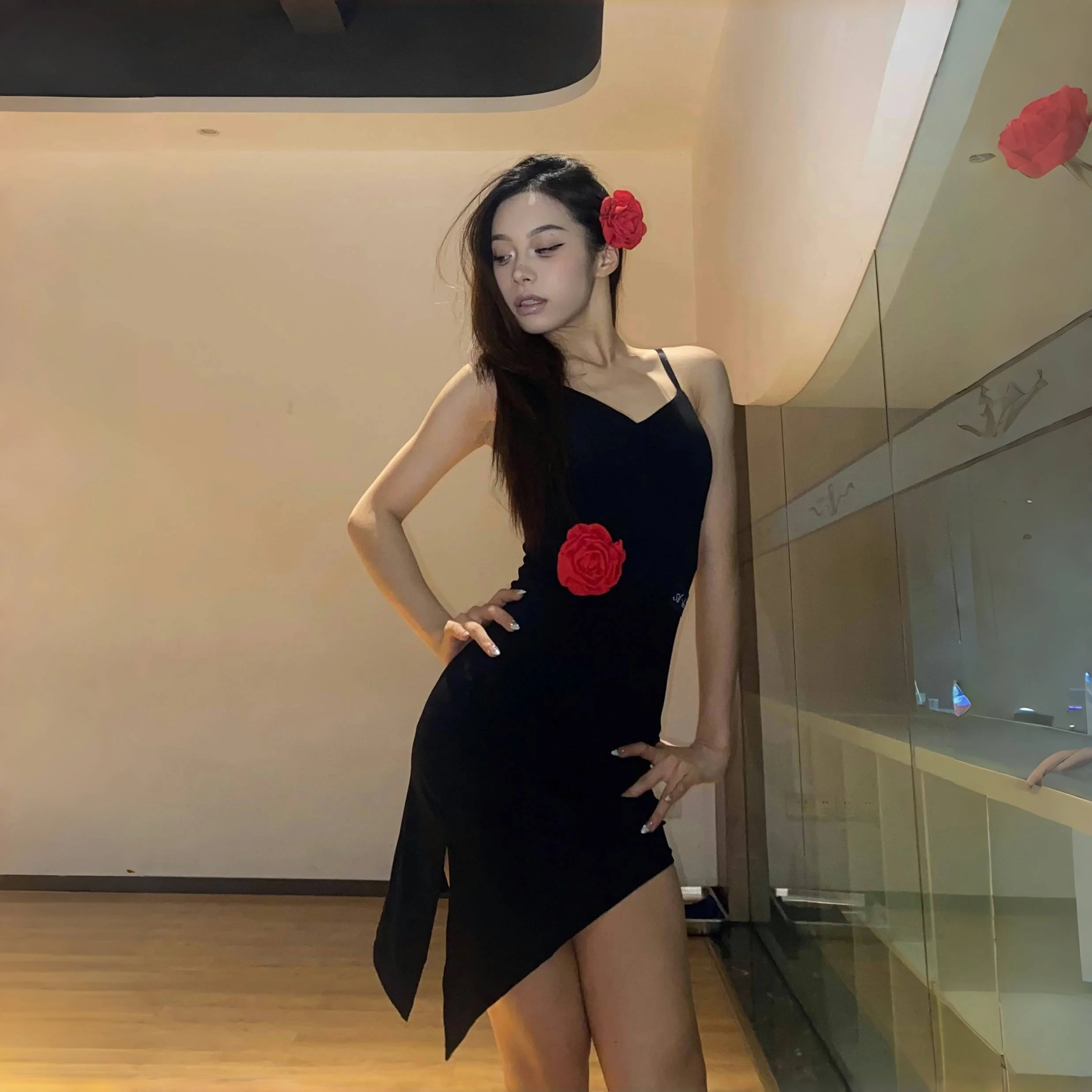 Women Strap V-neck Irregular Flower Dress Latin Dance Dress Performance Costumes Female Chacha Tango Latin Dance Clothes DN21056