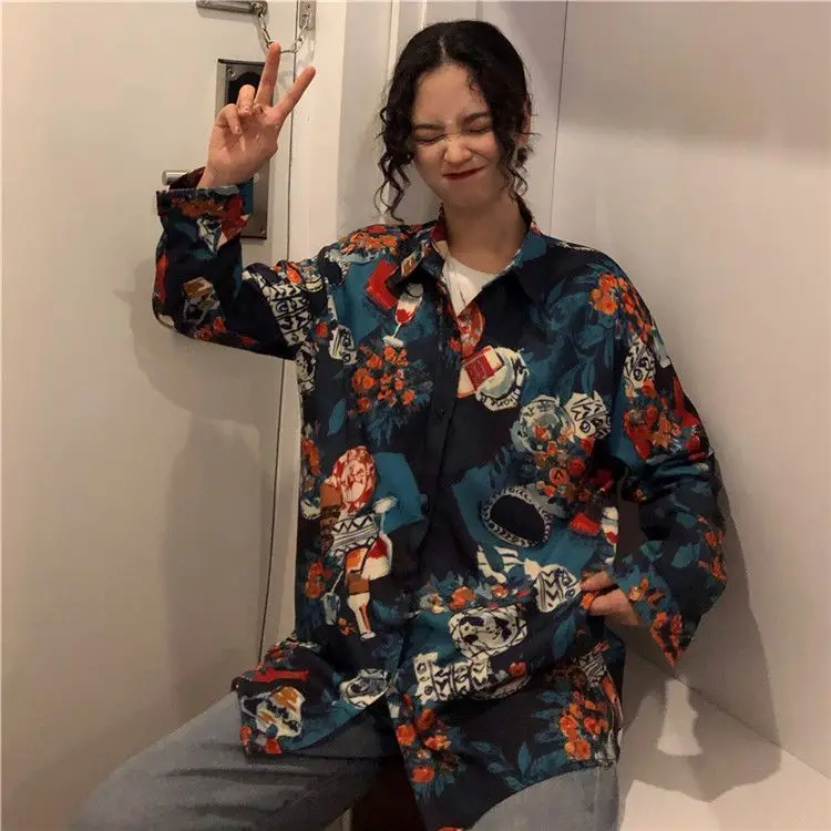 Retro Hong Kong Style Chic Shirt with Loose Salt Design Long Sleeved Floral Shirt Women\'s Outerwear Hong Kong Style Sun Jacket