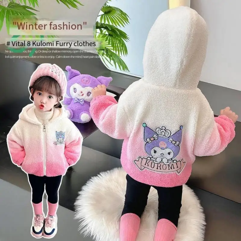 

Sanrios Children Kuromi Hooded Gradient Color Woolen Sweater Anime Figure Winter Hoodie Polar Fleece Kids Coat Velvet Thickening