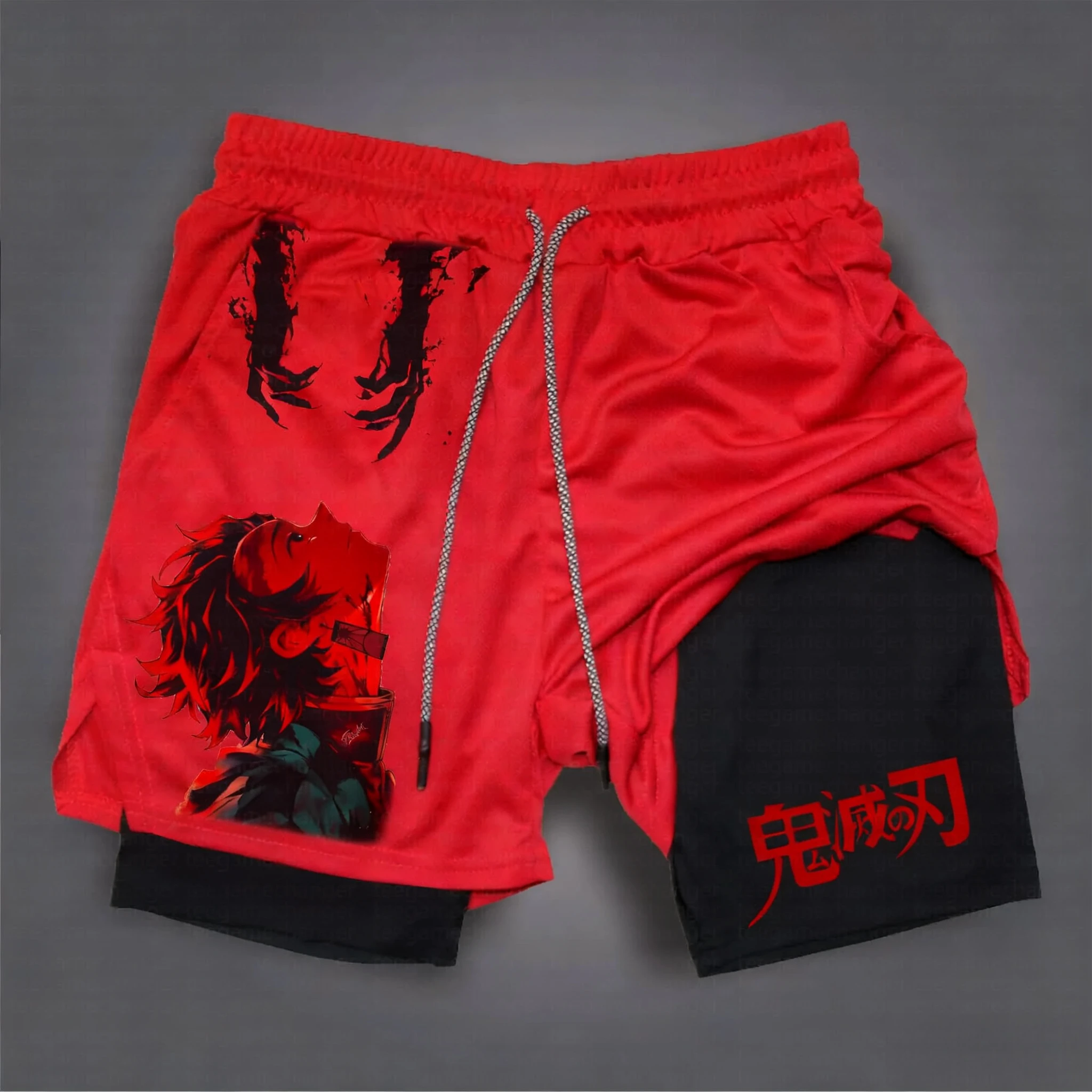 

Двухслойные шорты с аниме-принтом Demon Slayer 2025 года, свободные и модные мужские и женские шорты для фитнеса в американском стиле