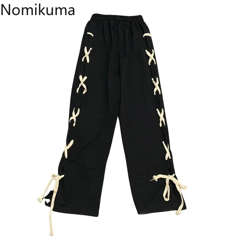 Czarne Y2k szerokie nogawki spodnie damskie Streetwear bandaż na co dzień Pantalon Femme nowe spodnie z wysokim stanem proste koreańskie spodnie