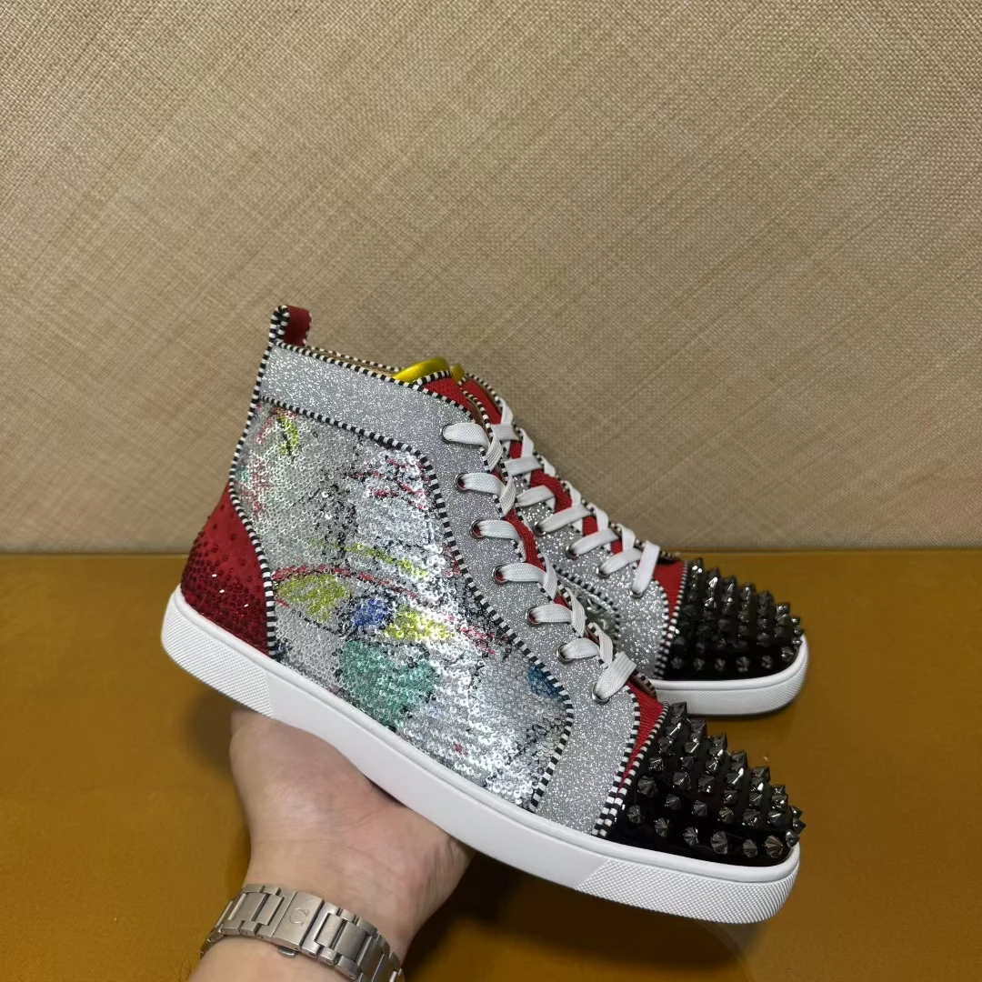 Luxury Men's Graffiti Sequin High Top Sneakers with Studded Toe for Party Streetwear  Casual Footwear Plus Size