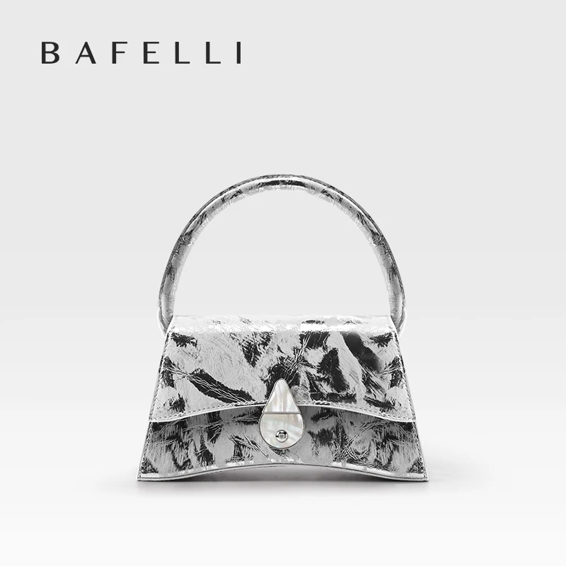 SILVER GENUINE LEATHER BAFELLI ORIGINAL HANDBAG 2024 FASHION CROSSBODY NEW WOMEN'S BAG LUXURY STYLISH EVENING PARTY CASUAL PURSE