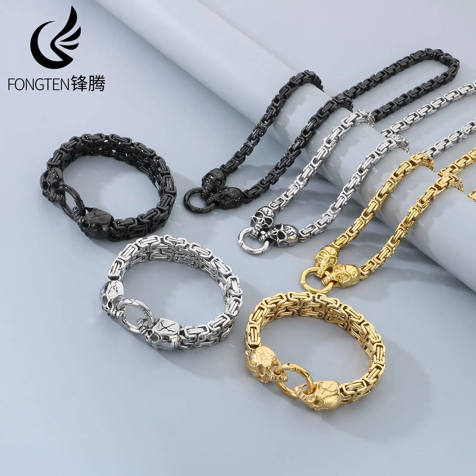 Fongten Skeleton Stainless Steel Men's Bracelet Cool Emperor Chain Fashion Jewelry Set Birthday Gift Hip Hop Jewelry Wholesale