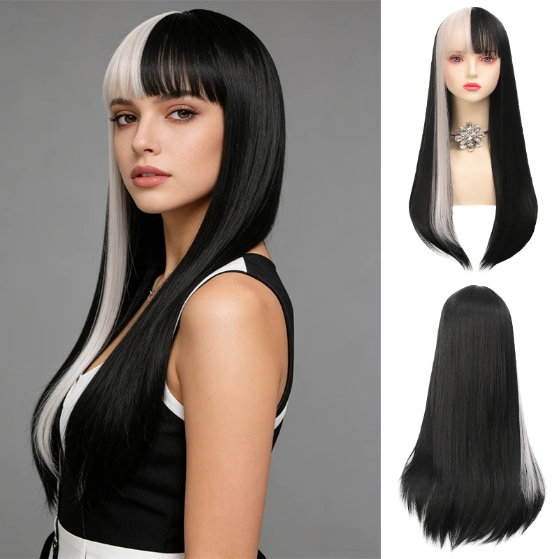 

Парик черный и розовый двухцветный длинные прямые волосы с воздушной челкой Лолита Инь-Ян голова градиент модный парик полный головной убор