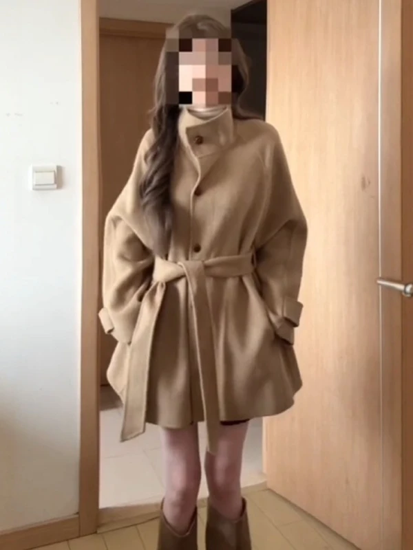 

Корейское ультра утягивающее шерстяное пальто длиной миди с застежкой на талии, модная зимняя верхняя одежда, простая свободная посадка для поездок на работу, длинный све