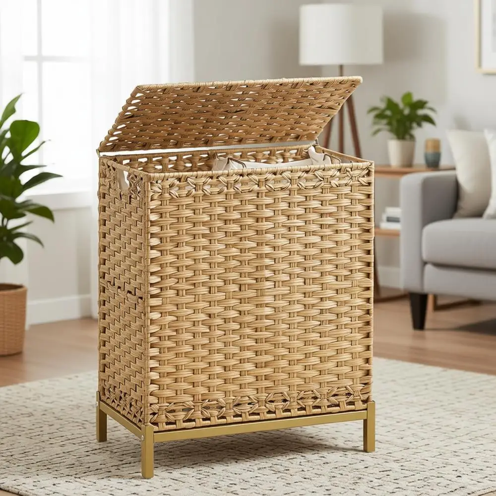 

Natural 112L Handwoven Rattan Laundry Basket with Lid, 2 Removable Liner Bags, Metal Feet, 6 Mesh Bags, Large Clothes Hamper for