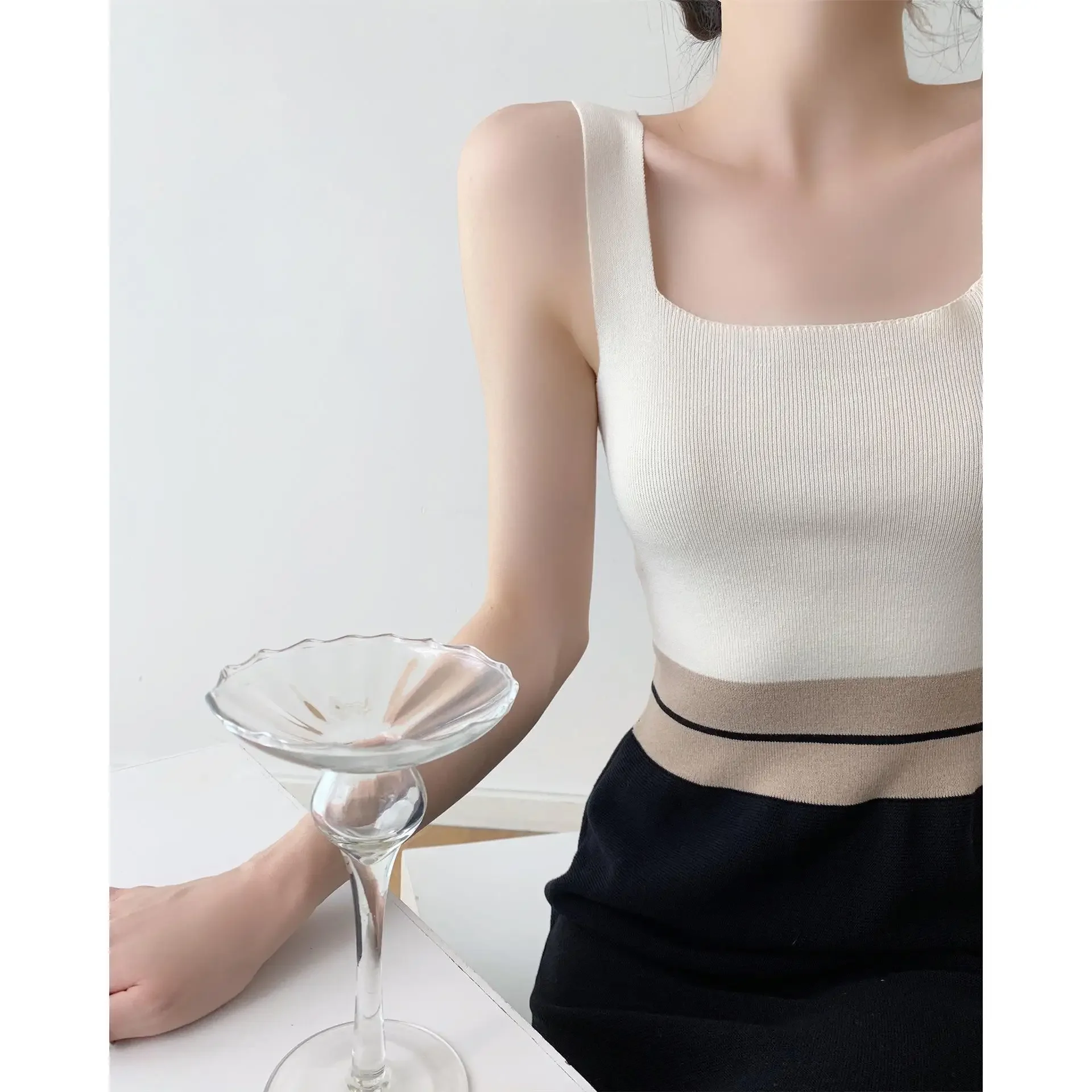 French style square neck vest knitted dress summer fashion women's design sleeveless waist skirt