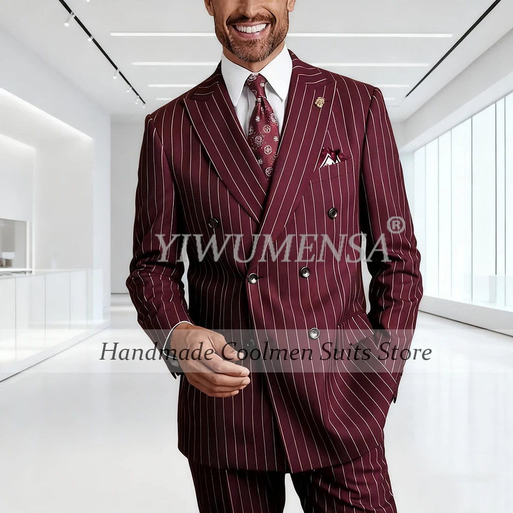 

Elegant Burgundy Stripes Suits Men 2 Pieces Sets Double Breasted Prom Blazers Customized Man Banquet Party Tuxedos Male Clothing
