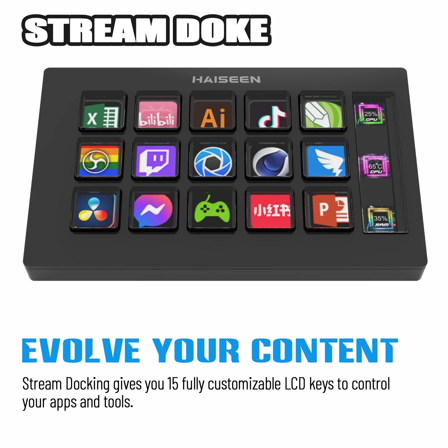 

HAISEEN Visual Stream Dock Keyboard LCD Button 15Keys Live Content Creation Controller Customizable Windows/MacOS/Android/iOS