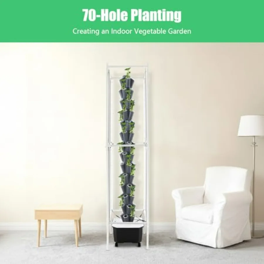 Indoor hydroponic grow tower for home, office, balcony, kitchen: 70 holes, 14-layer vertical system with 8 LED lights, wheels,