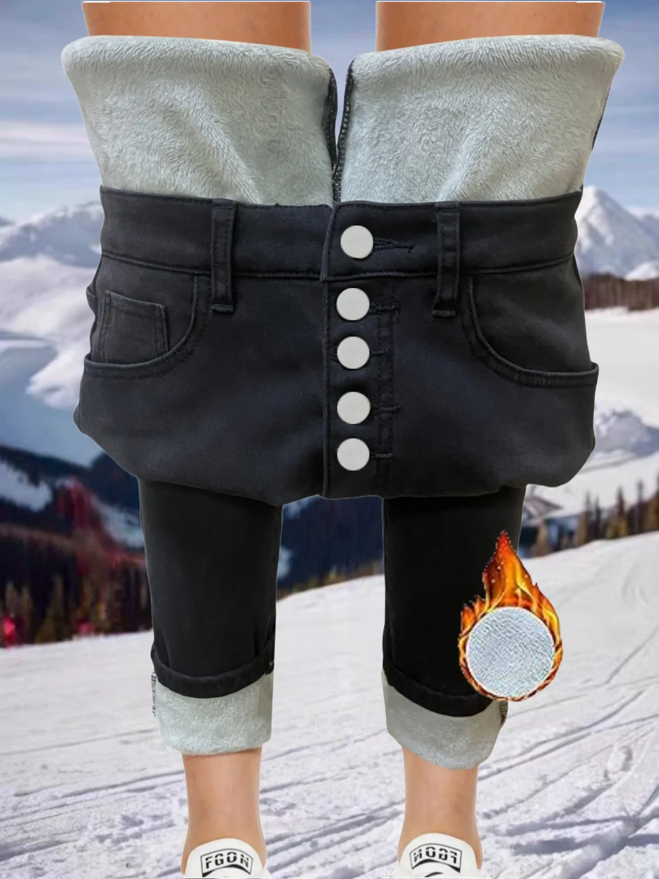 High Waist Button Fly Stretchy Black Slim Fit Thickened Warm Stylish Women's Fleece Lined Jeans
