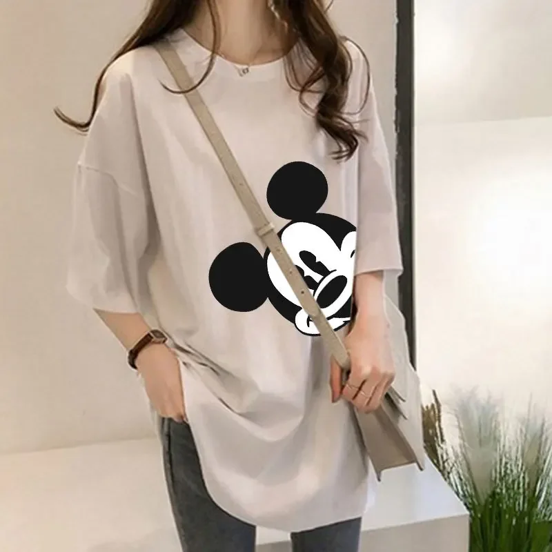 Disney Mickey T-shirt Women Summer Oversized Short-sleeved Top Anime Girls Loose Mid-length Half-sleeve T Shirt Print Clothing