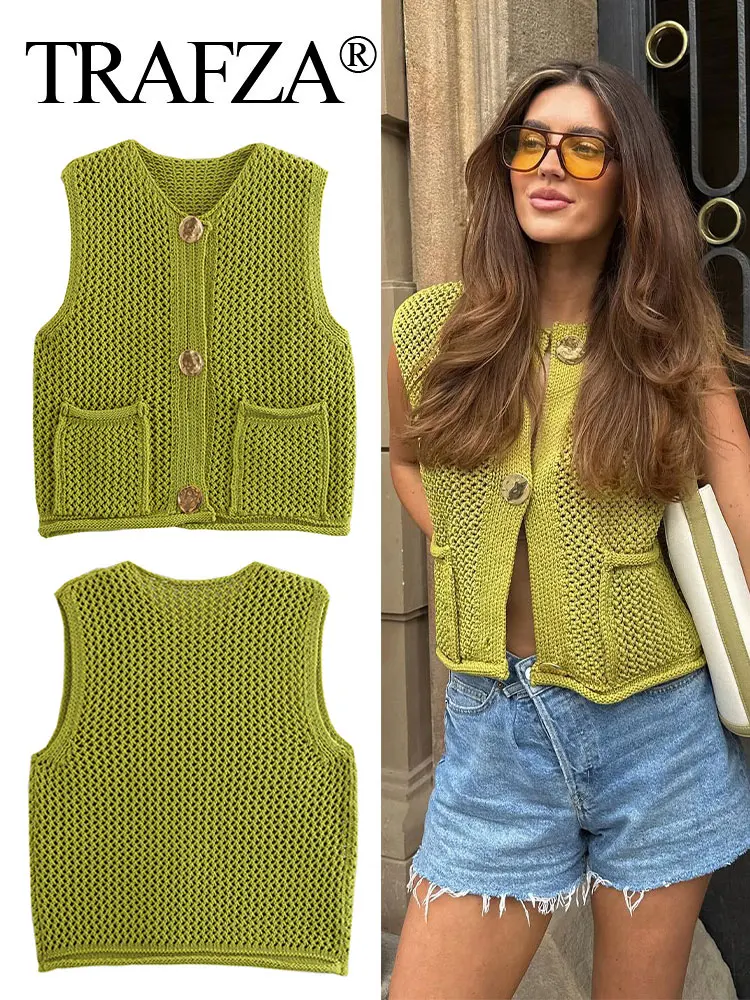 TRAFZA Summer Vest For Women 2024 Solid Knitted O Neck Short Tank Tops Female Pockets Vintage Streetwear Woman Waistcoat Top